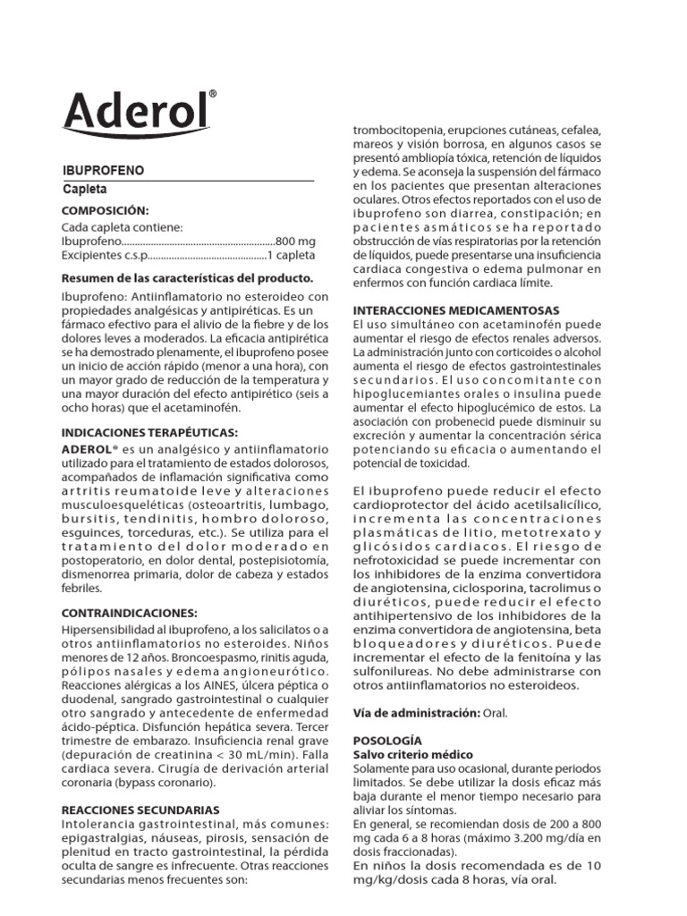 Aderol 800: Indicaciones y Uso | PDF | Droga anti-inflamatoria libre de ...