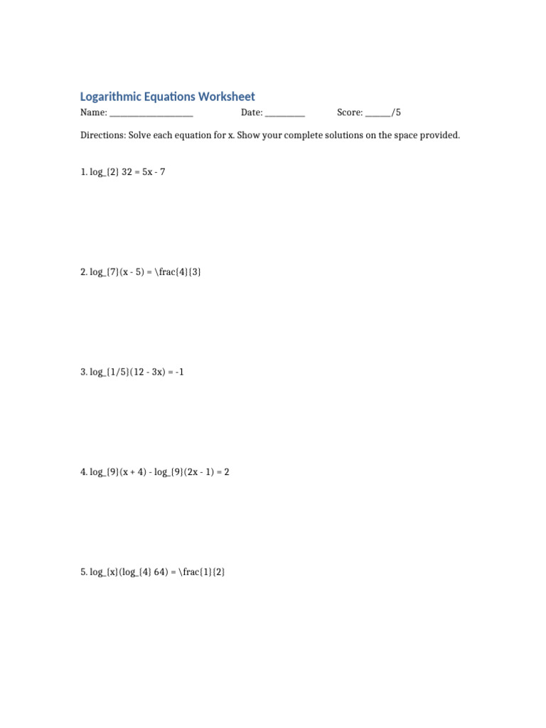 Logarithmic Equations Worksheet | PDF