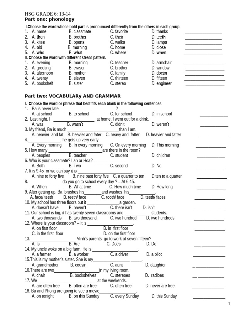 Grade 6 Phonology and Grammar Test | PDF | Linguistics