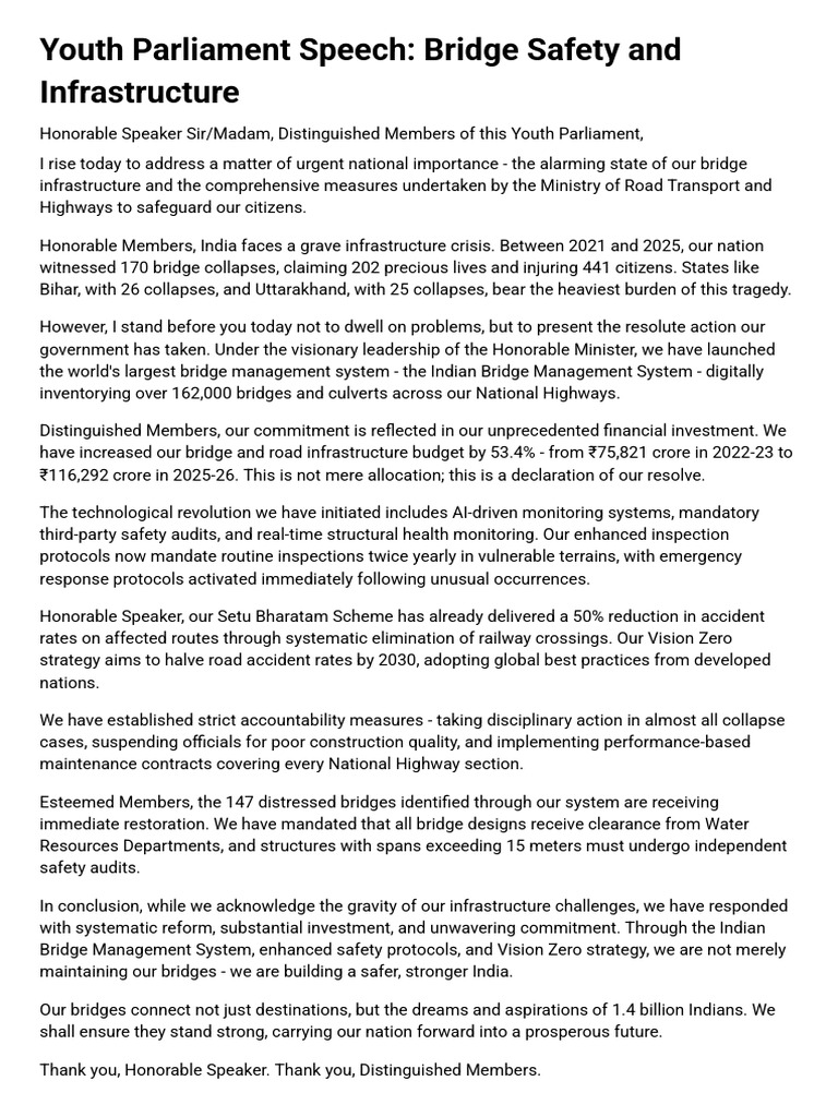 Parliament Speech Bridge Safety and Infrastructure (Example) | PDF ...