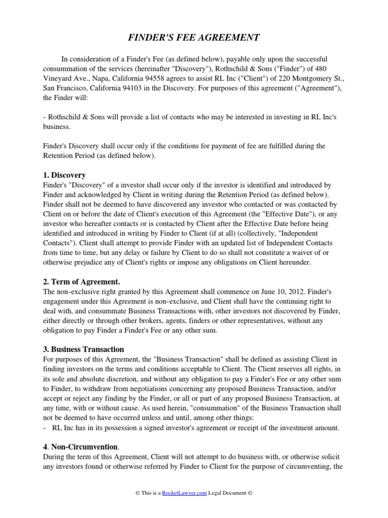 Finder's Fee Agreement PDF Indemnity Civil Law (Legal System)