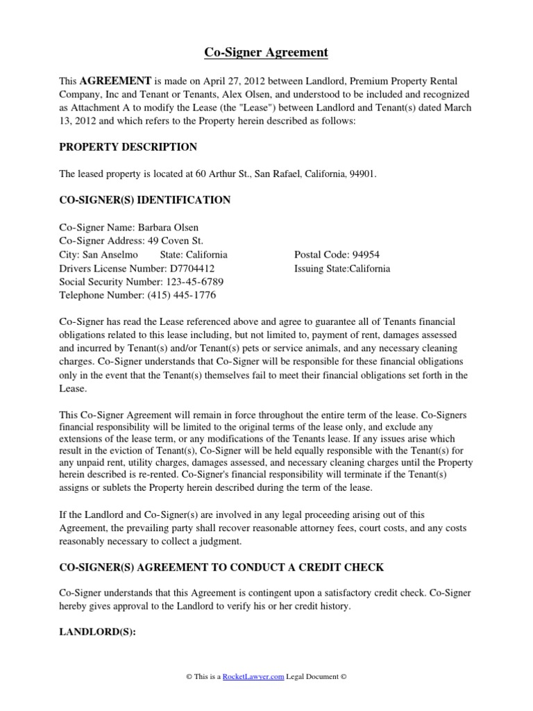 CoSigner Agreement Lease Leasehold Estate