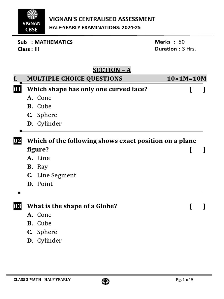 Class 3 Half-Yearly Math Exam Guide | PDF | Trees | Mathematics