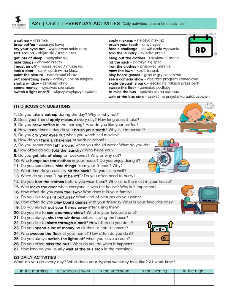 A2plusU1 Handout - Everyday Activities 1 - 2 | PDF