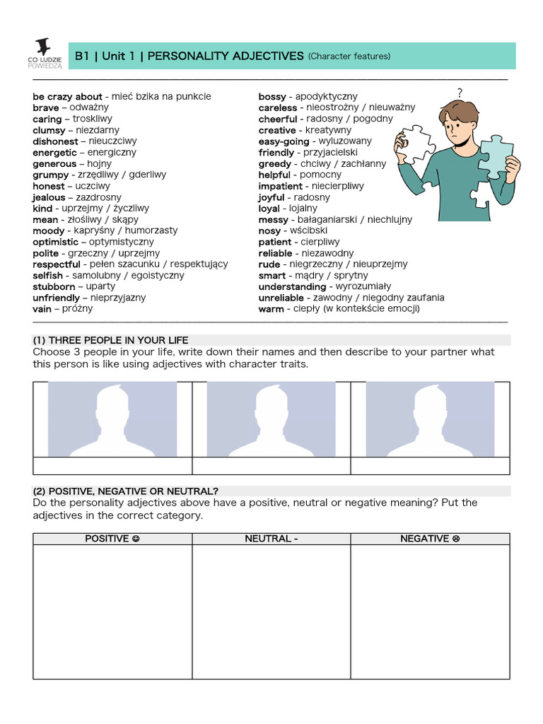 B1U1 Handout - Personality Adjectives 2:3 | PDF