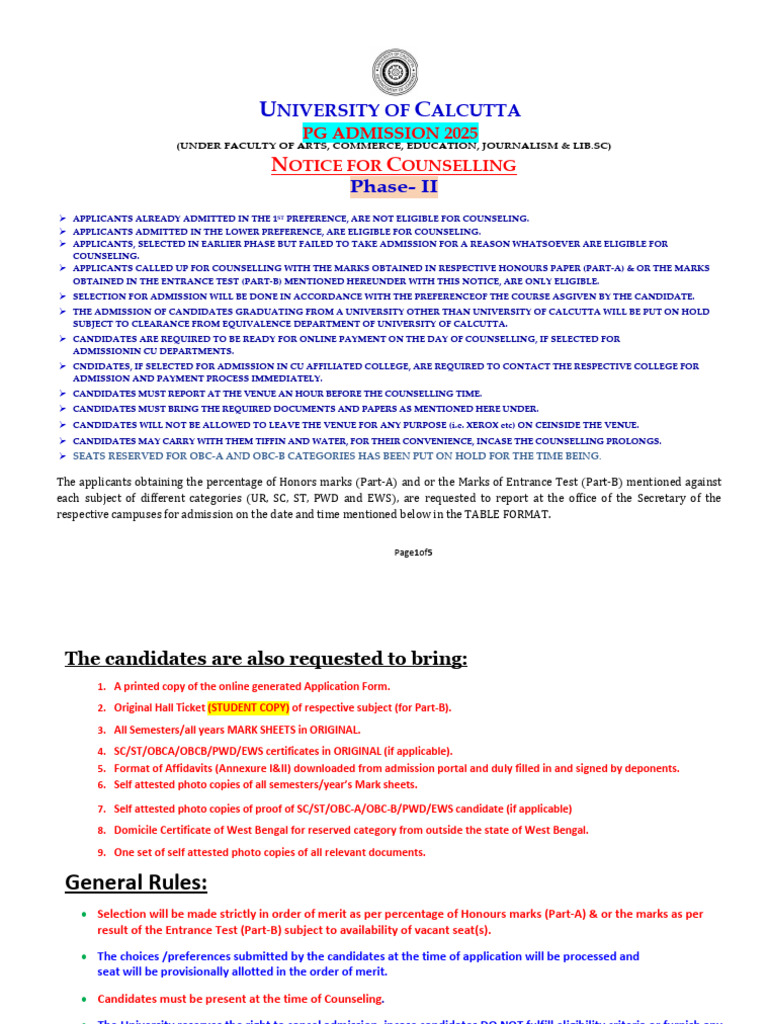 Counselling Notice For PG Admission Phase - II 2025 (Part-A & B) | PDF