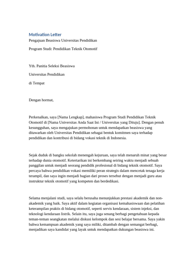 Motivation Letter Beasiswa Pendidikan Teknik Otomotif | PDF