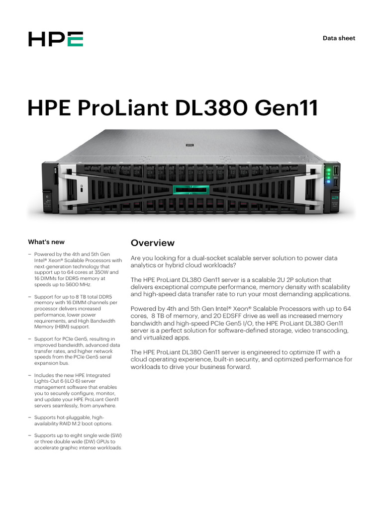 HPE ProLiant DL380 Gen11 Overview | PDF | Scalability | Computer ...