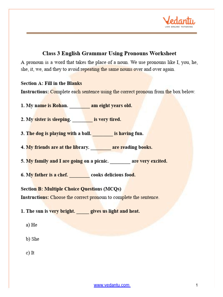 Class 3 Pronouns Worksheet with Answers | PDF | English Grammar | Pronoun