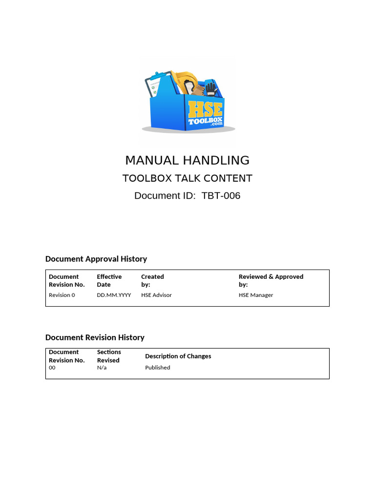 Manual Handling Toolbox Talk Guide | PDF | Occupational Safety And ...
