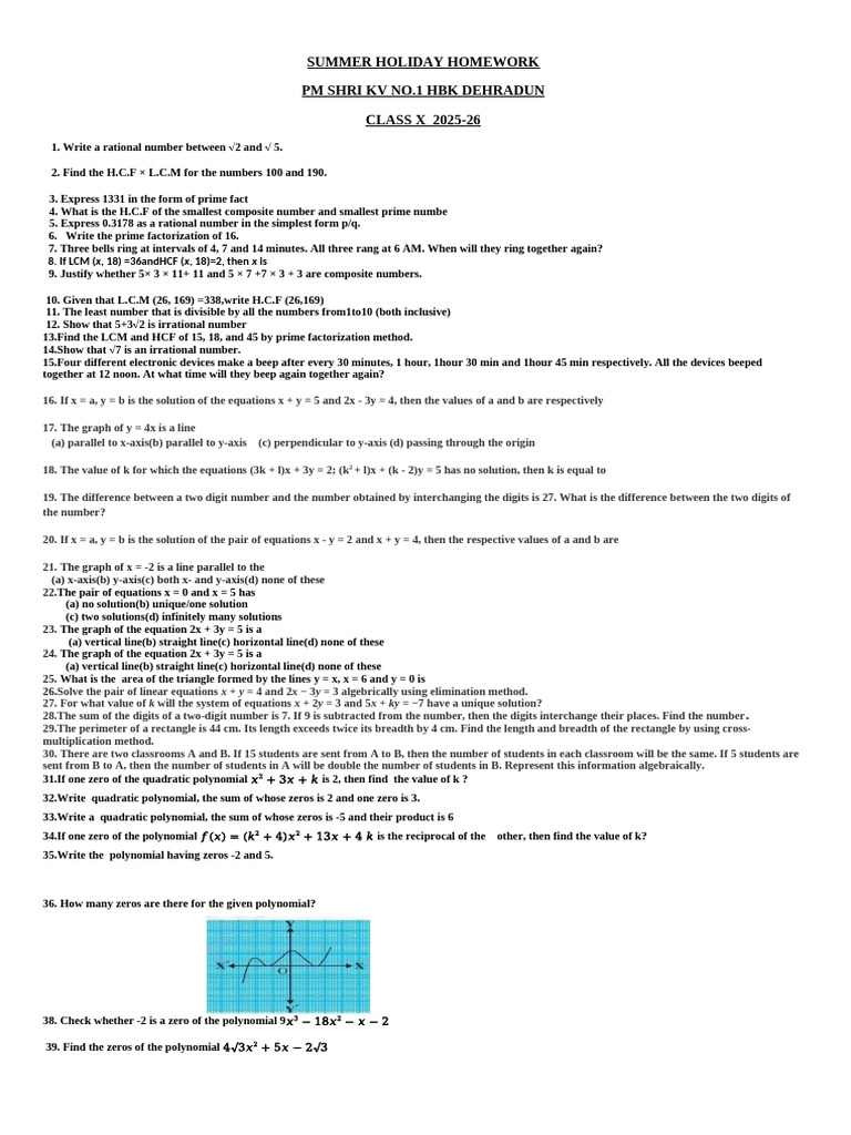Class X Summer Homework 2025-26 | PDF | Polynomial | Numbers