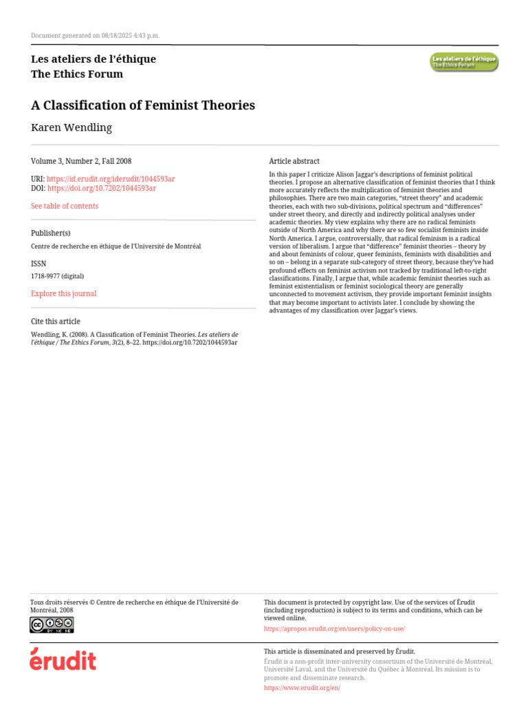 Classification of Feminist Theories | PDF | Feminism | Gender Studies