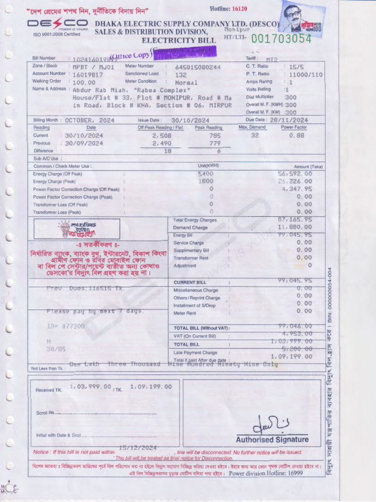 DESCO Electricity Bill October 2024 | PDF | Quantity | Physical Quantities