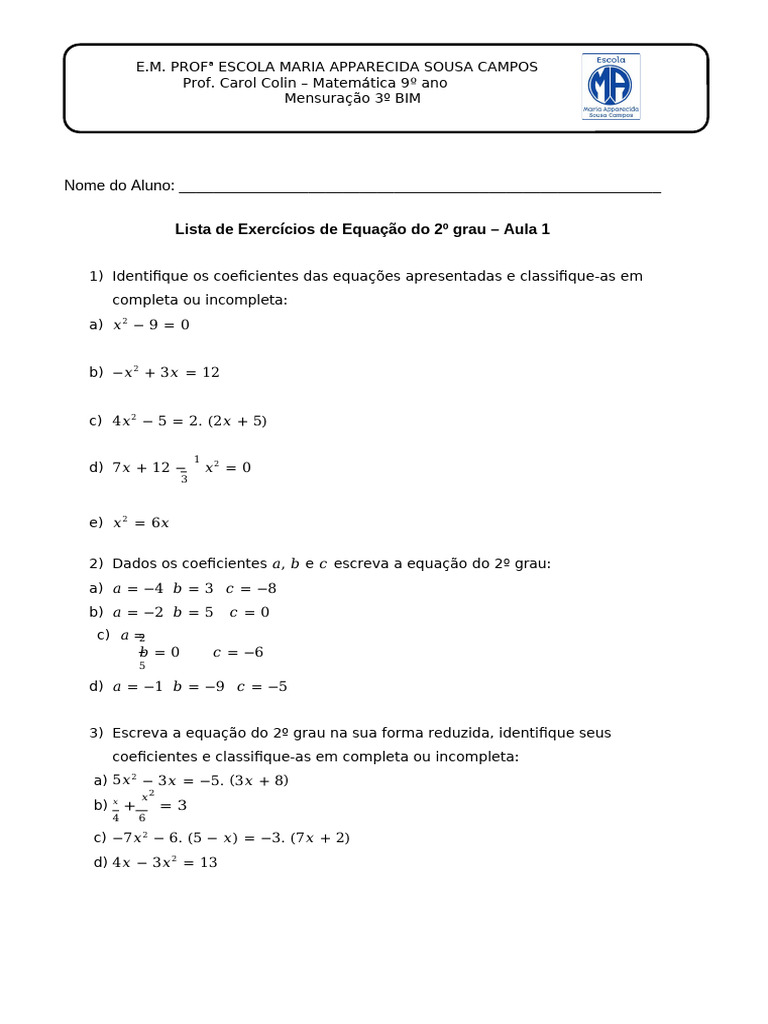 Exercícios de Equação do 2º Grau | PDF