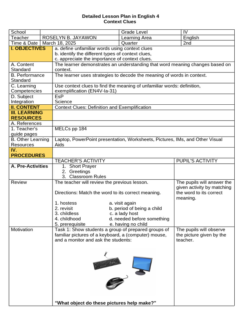 Context Clues Lesson Plan for Grade 4 | PDF | Teachers | Lesson Plan