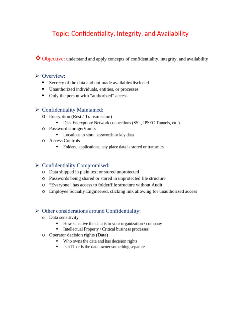 Topic: Confidentiality, Integrity, and Availability: Objective | PDF