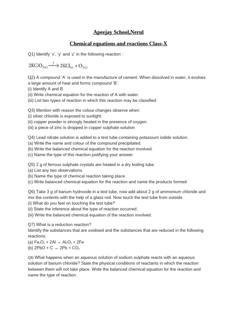 Worksheet On Chemical Equations and Reactions | PDF