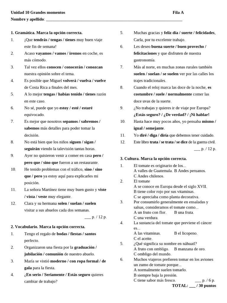 04 Con Gusto A2-2 Unidad 10 Test A | PDF