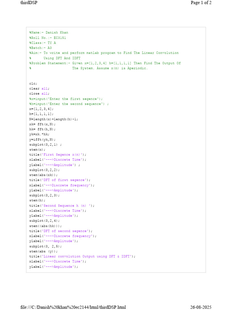 Linear Convolution in MATLAB Using DFT | PDF