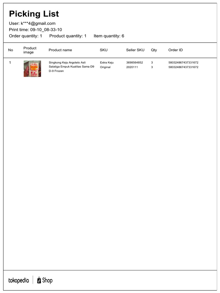 Order Picking List for Singkong Keju | PDF