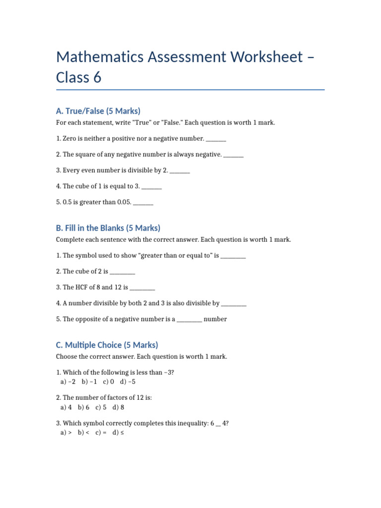 Class6 Math Assessment Worksheet | PDF