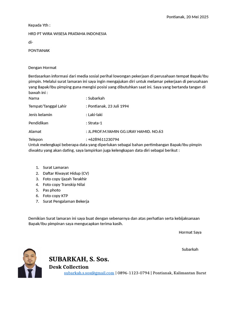 Lamaran Pekerjaan Subarkah di Wira Wisesa | PDF