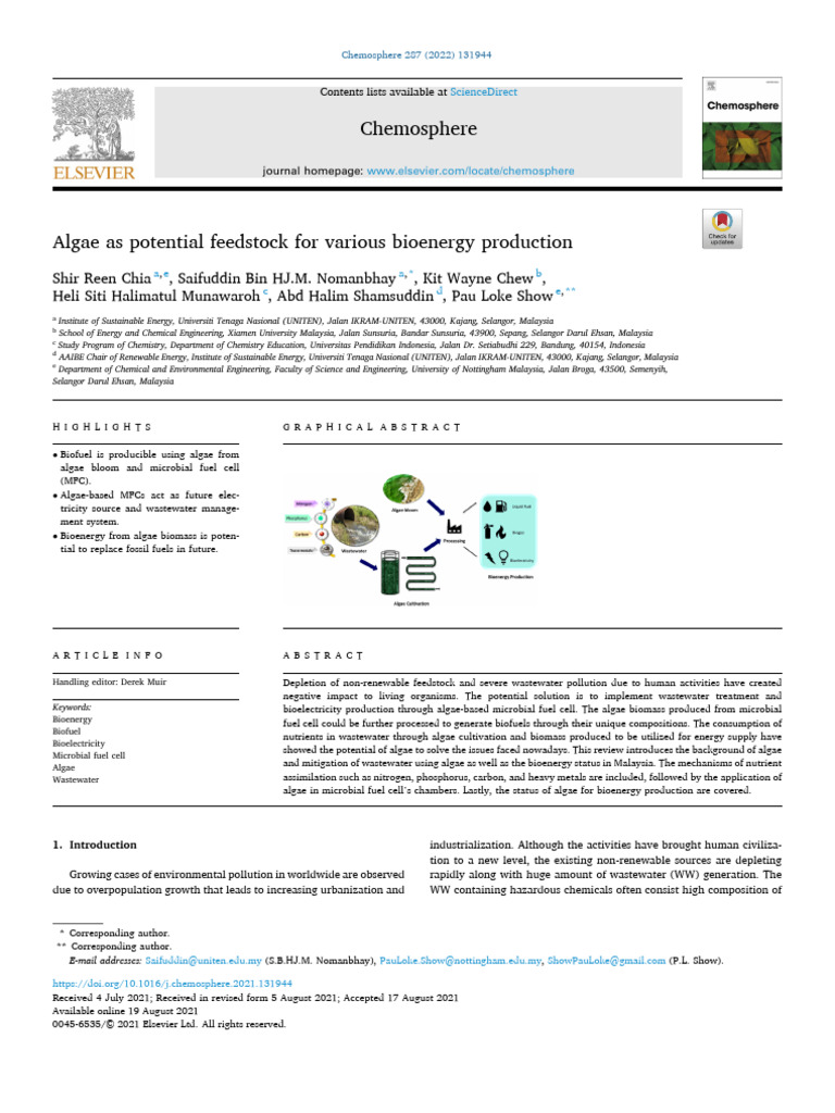 1 s2.0 S0045653521024164 Main | PDF | Biofuel | Algae Fuel
