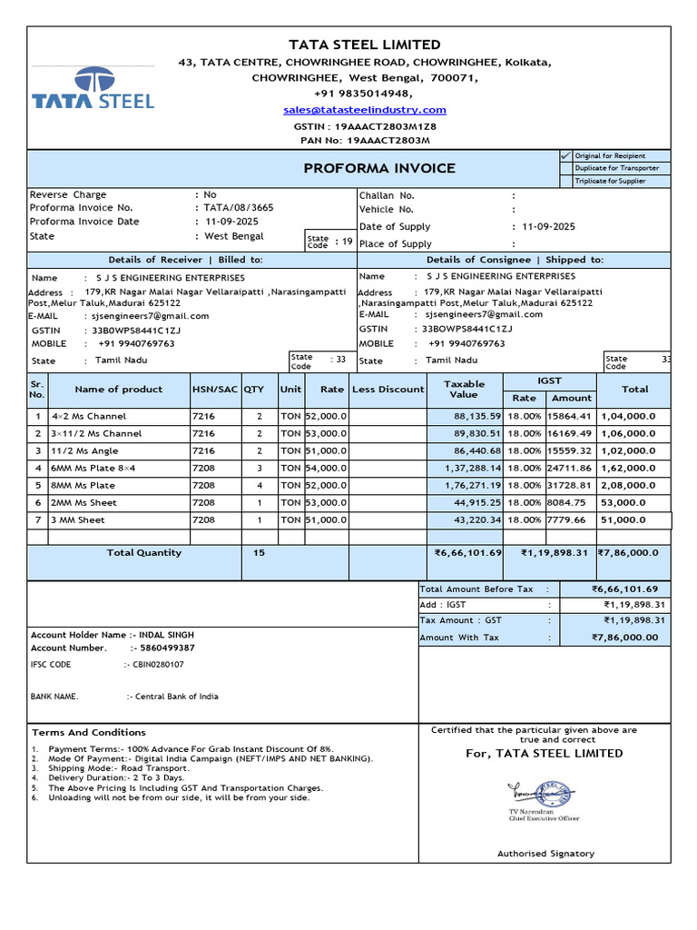 TATA Steel Proforma Invoice Details | PDF | Government Finances | Payments