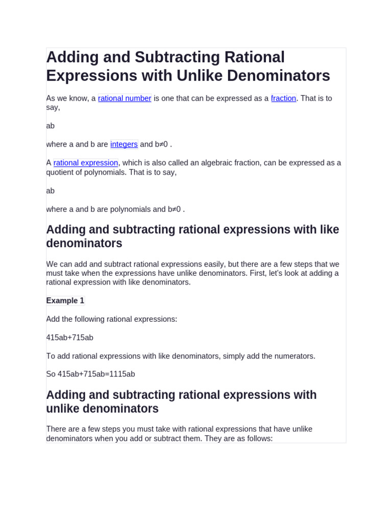 Adding Rational Expressions Unlikes | PDF | Rational Number | Discrete ...