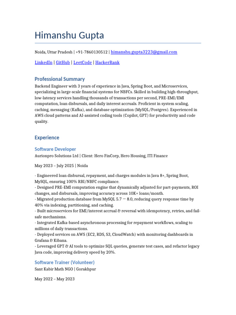 Backend Engineer Resume - Himanshu Gupta | PDF | My Sql | Databases
