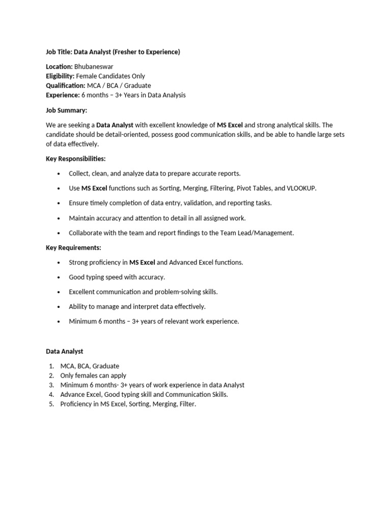 JD of Data Analyst - (Fresher To Experience) | PDF