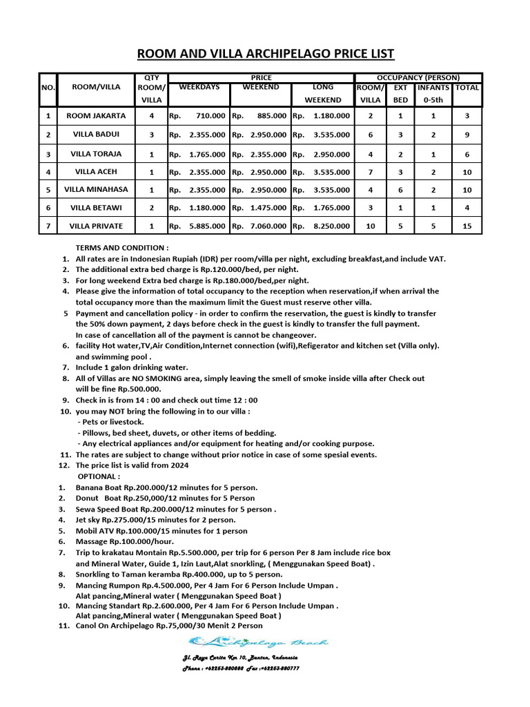 Archipelago Room & Villa Price List | PDF | Indonesian Rupiah