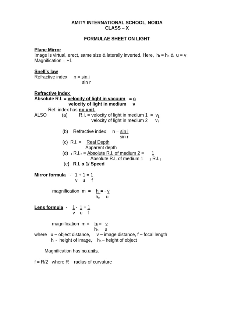 Light Formulas for Class X Students | PDF | Refraction ...