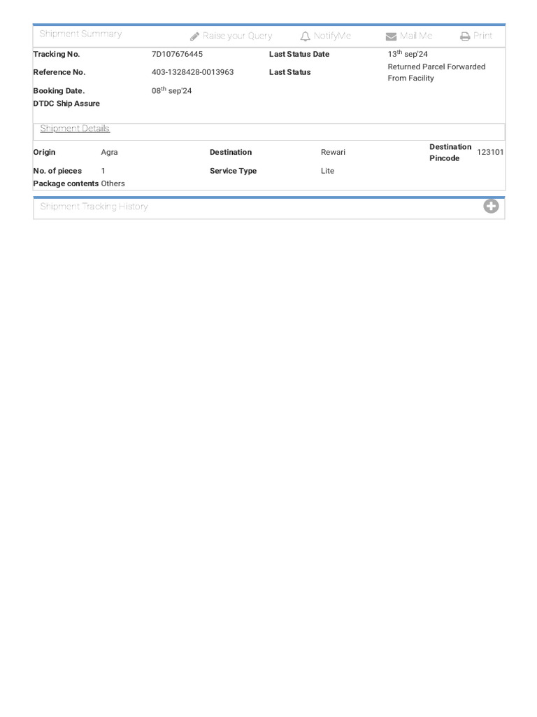 DTDC Shipment Status: Returned Parcel | PDF