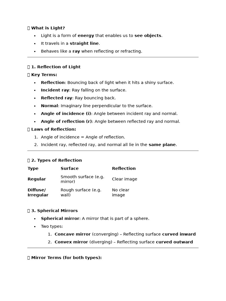 Light Class 10 Important Notes | PDF | Reflection (Physics) | Mirror