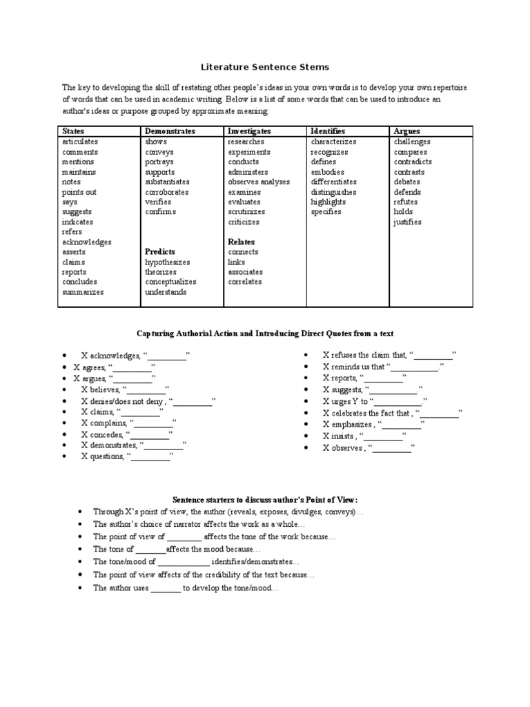 Literature Analysis Sentence Starters | PDF | Ellipsis | Plot (Narrative)