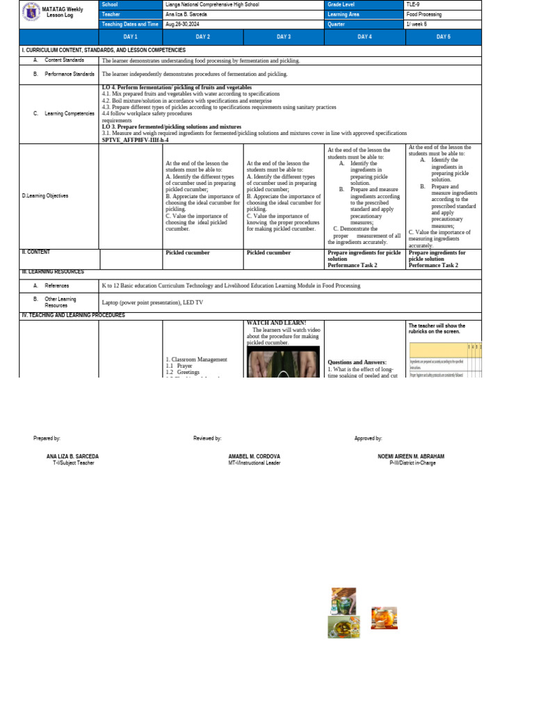 TLE-9 Food Processing Lesson Plan | PDF | Pickling | Teachers