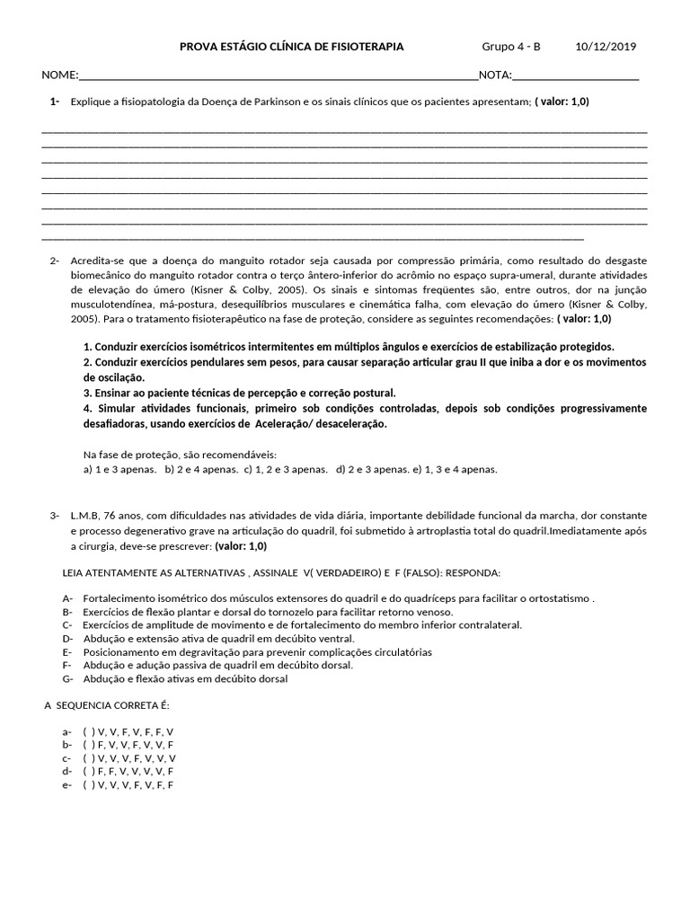 Prova Estágio Iv B Clínica 2019 | PDF | Joelho | Dor