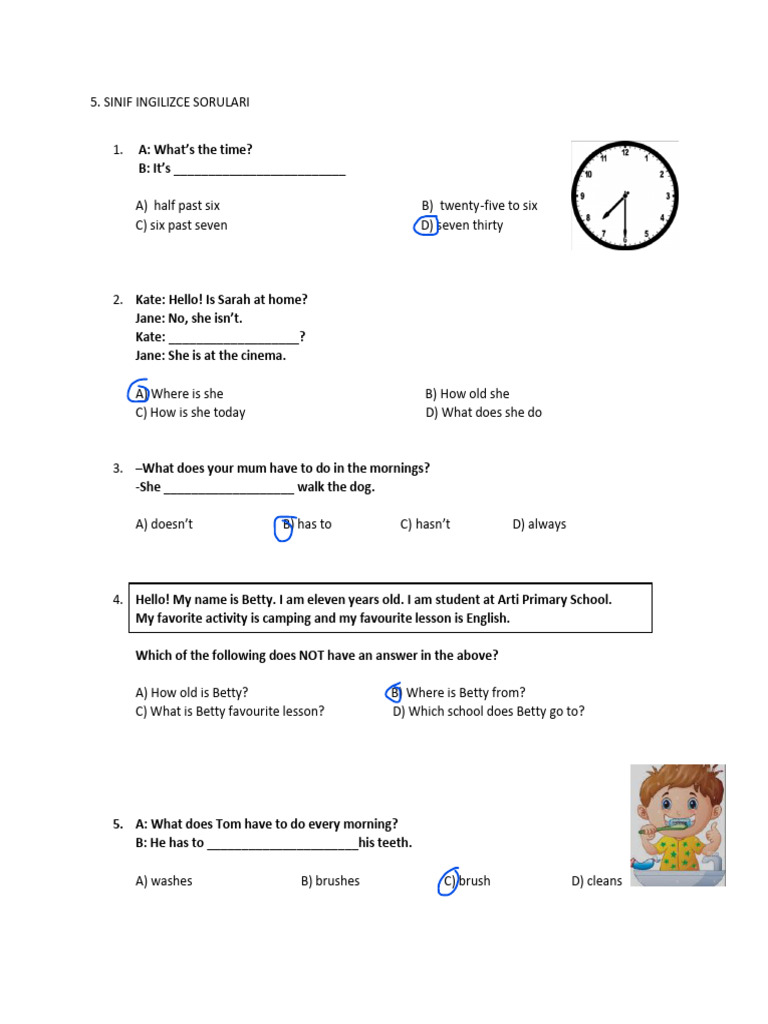 5th Grade English Questions and Answers | PDF | Meal