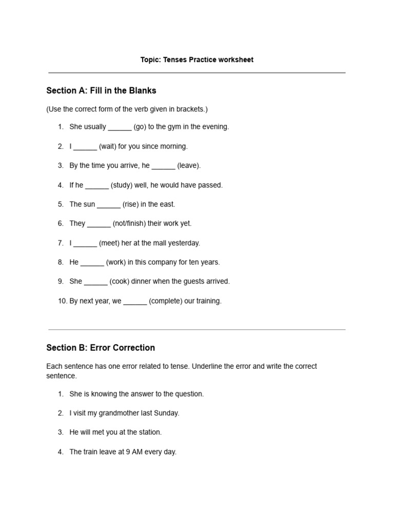Tenses Practice Worksheet | PDF | Language Mechanics | Grammar