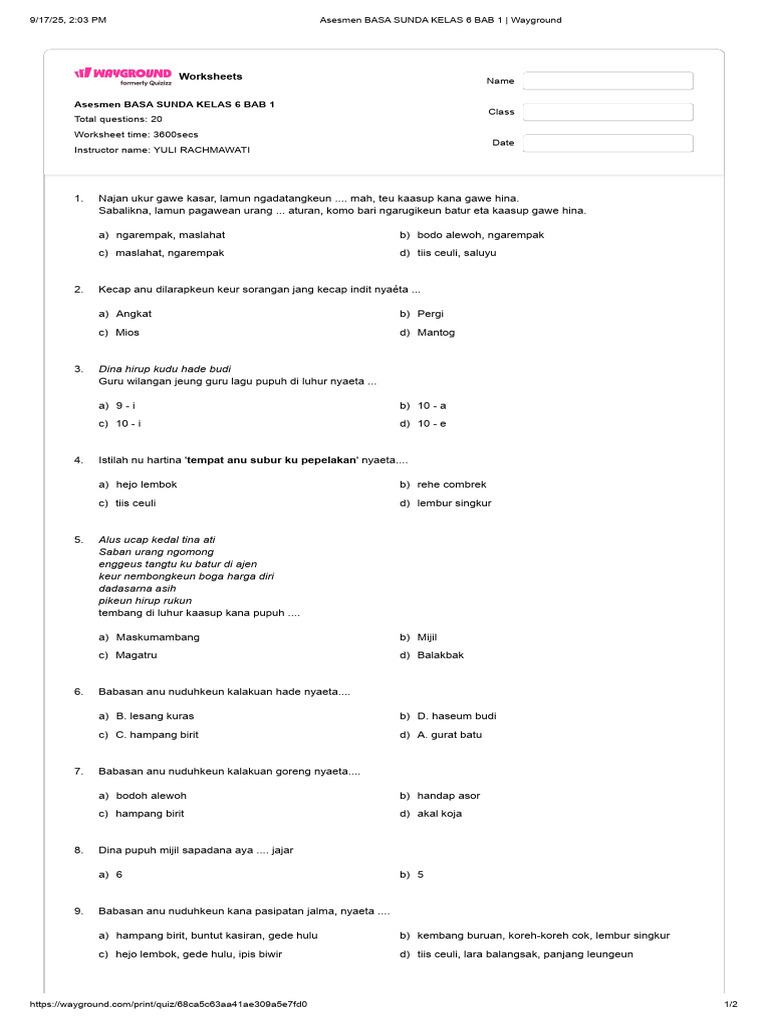Asesmen Basa Sunda Kelas 6 Bab 1 - Wayground 2 Hal | PDF