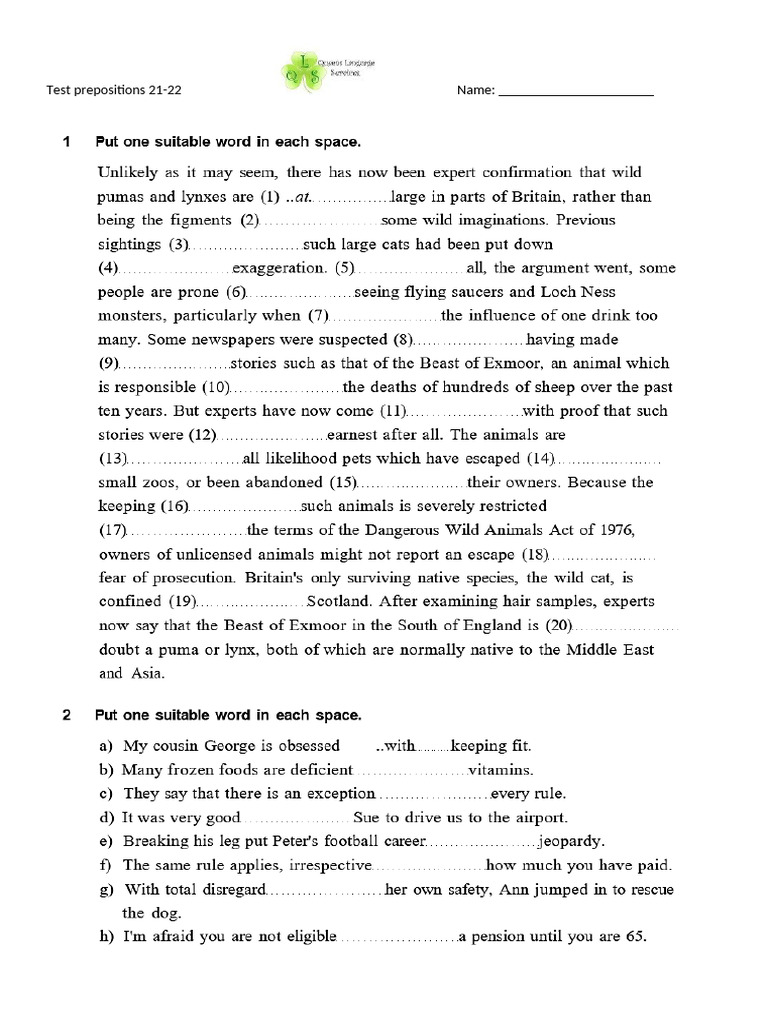 Test Prepositions 21-22 | PDF