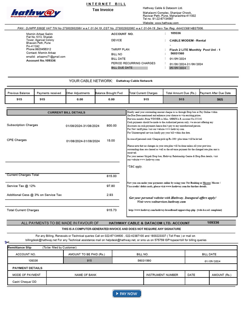 Hathway Cable Internet Bill Invoice | PDF | Payments | Invoice