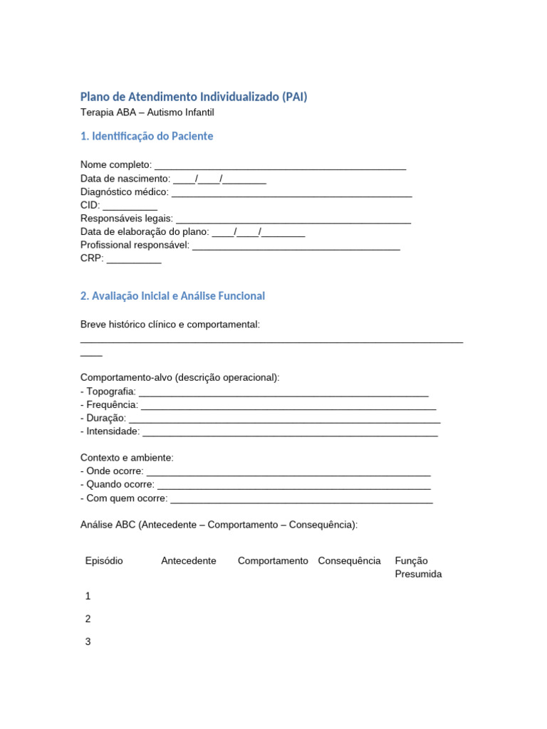Plano de Atendimento Individualizado para Autismo | PDF | Comportamento ...