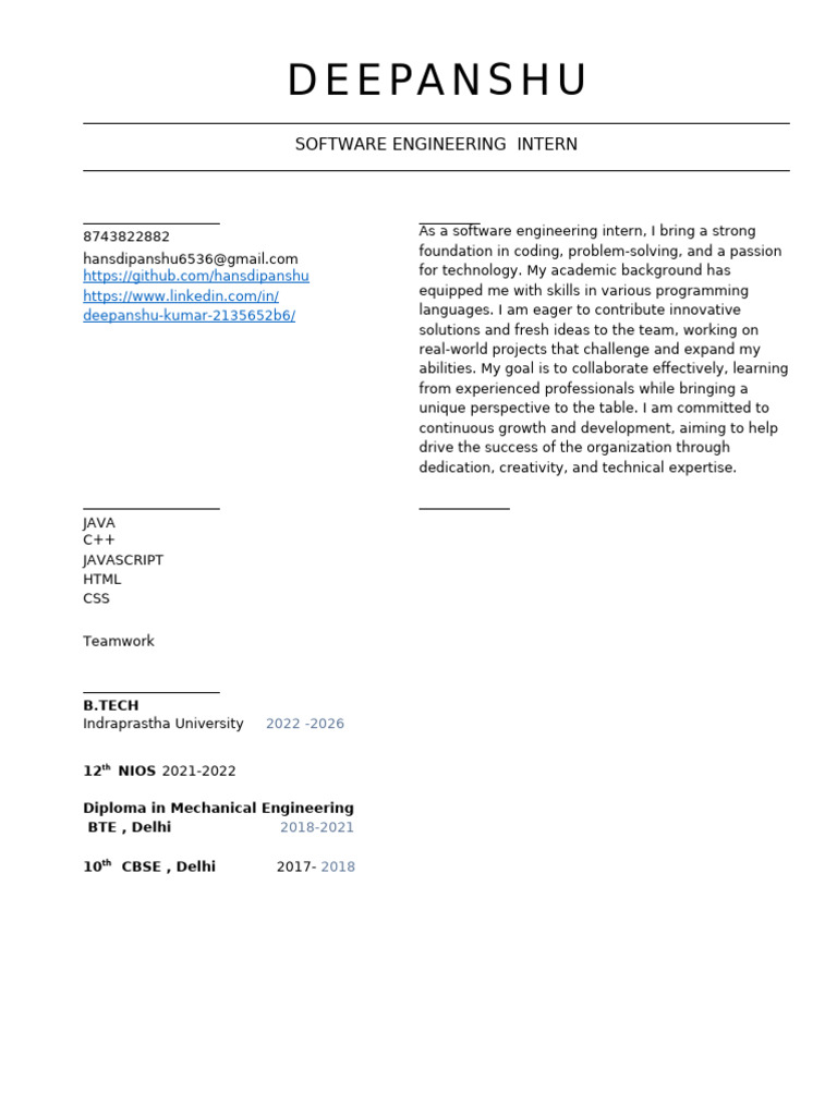 Software Engineering Intern Profile | PDF