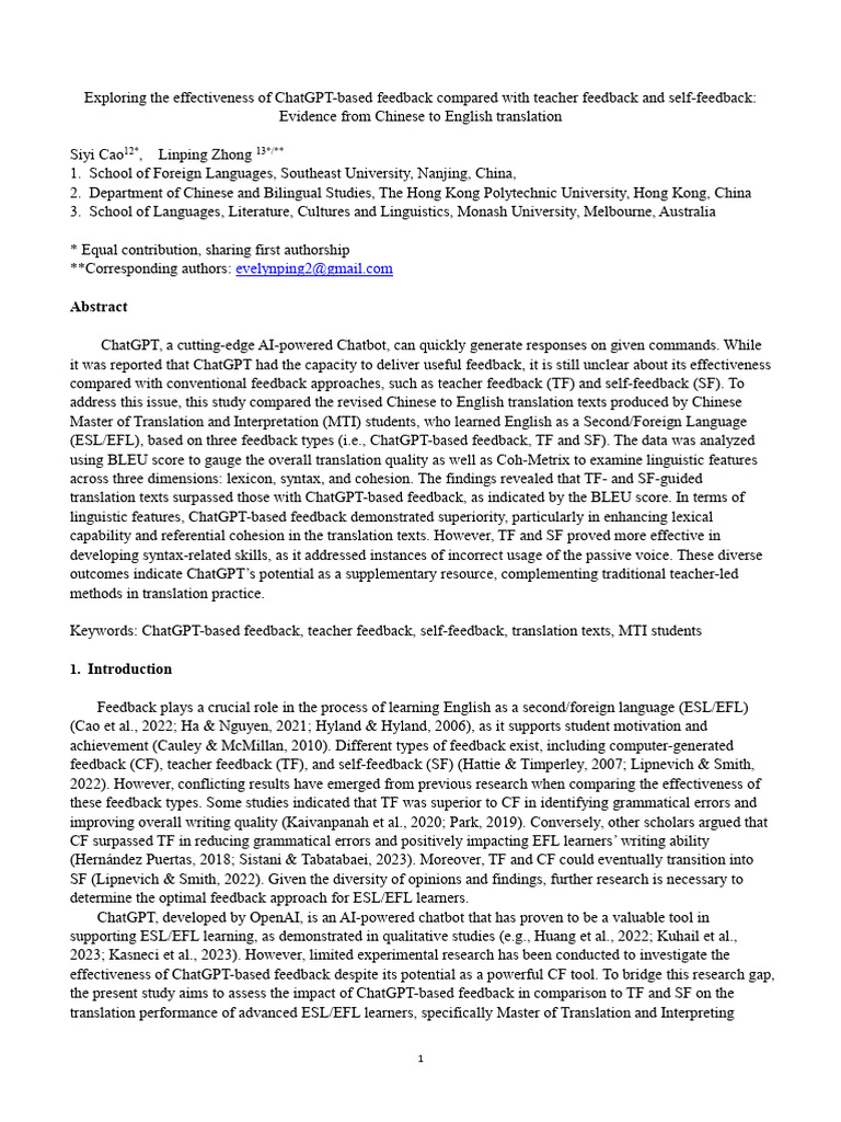 ChatGPT vs Teacher and Self Feedback in ESL | PDF | Structural Equation ...