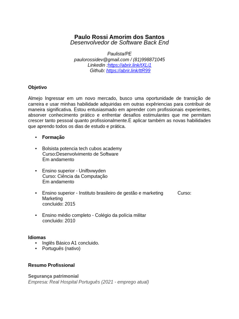 Currículo de Desenvolvedor Back End | PDF | Pensamento | Comunicação