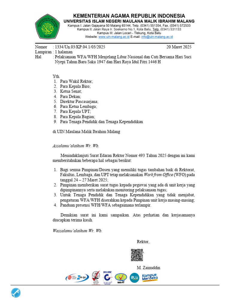 Panduan WFA/WFH UIN Malang 2025 | PDF