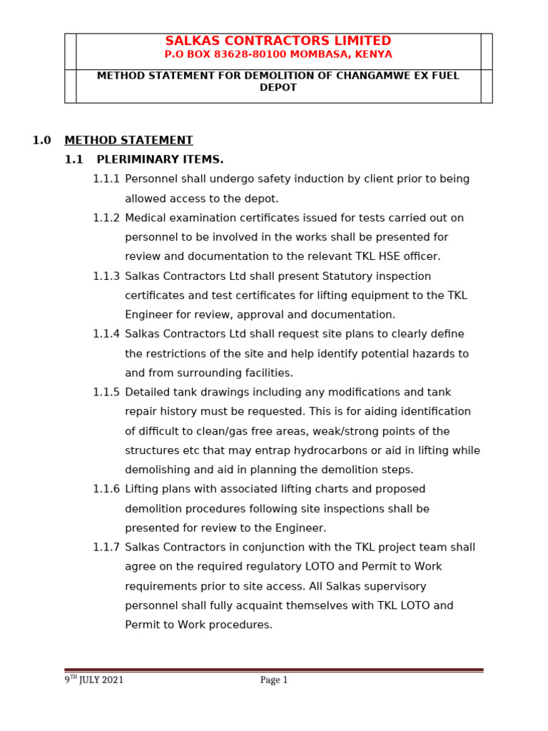 Demolition Method Statement for Changamwe Fuel Depot | PDF | Demolition ...