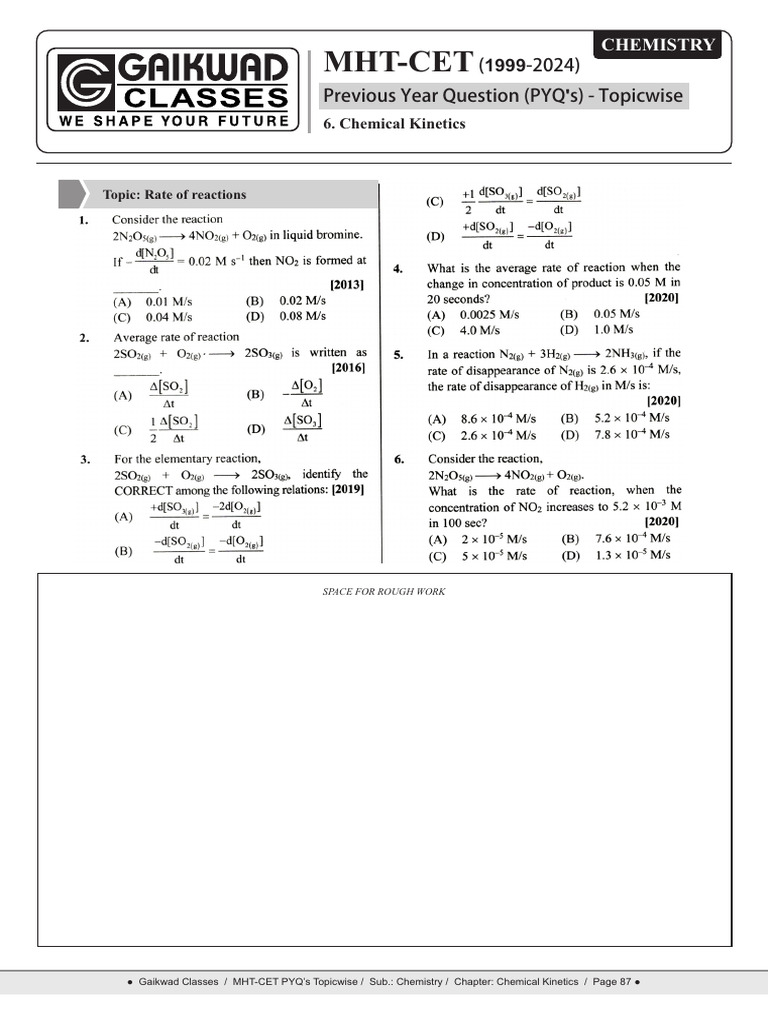 MHT-CET PYQs on Chemical Kinetics | PDF | Chemical Kinetics | Chemistry